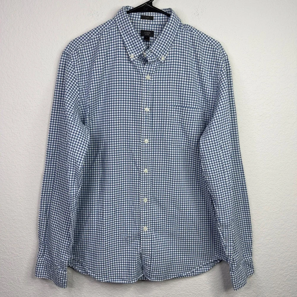 J. Crew Shirt Mens L Blue White Gingham Check Slim Fit Oxford‎ Preppy Office